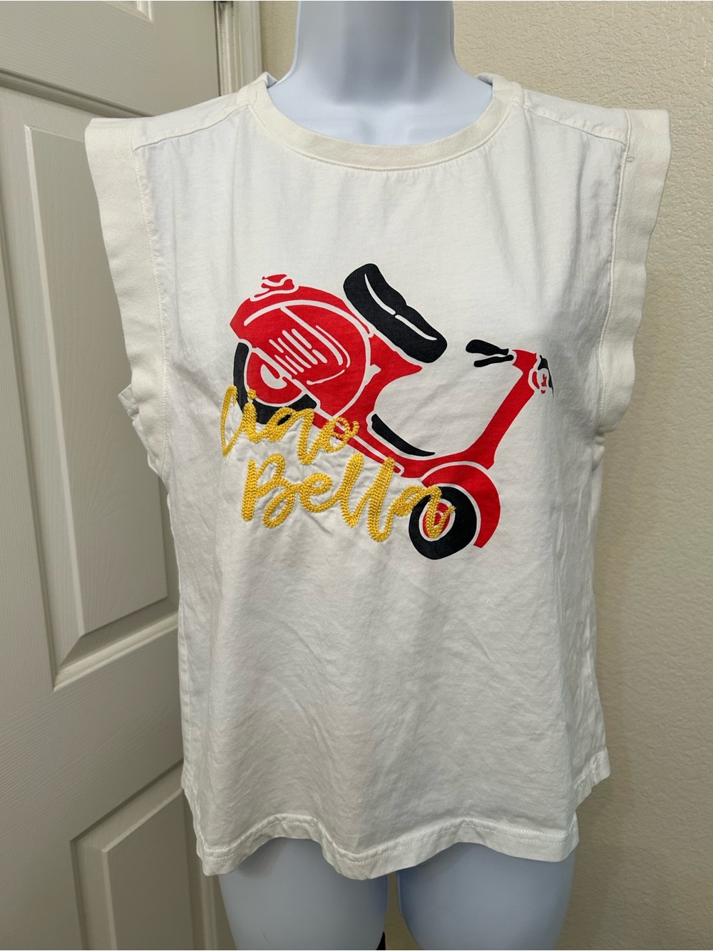 Skies Are Blue 100% Cotton White Tank with Red Scooter and Gold Script
